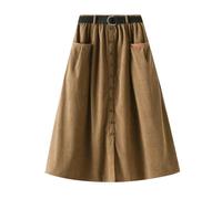 Gyios skirt Women's Autumn Winter Corduroy Midi Skirt With Button Pockets Belt Black Yellow Pleated Slit Skirt-khaki-free