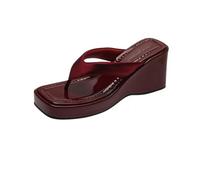 Gyios slippers Women's Black Wedge Heel Flip Flops, 7cm Height Increase Platform Sandals, Square Toe Comfort Slides For Vacation-wine Red-35