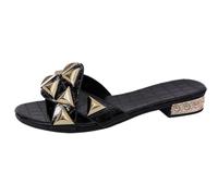 Gyios slippers Women's Gold Croc Embossed Pyramid Stud Slides, Cross Strap Low Block Heel Sandals, Dressy Casual Shoes For Party Vacation