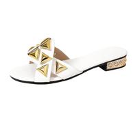 Gyios slippers Women's Gold Croc Embossed Pyramid Stud Slides, Cross Strap Low Block Heel Sandals, Dressy Casual Shoes For Party Vacation-white-38