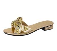 Gyios slippers Women's Gold Croc Embossed Pyramid Stud Slides, Cross Strap Low Block Heel Sandals, Dressy Casual Shoes For Party Vacation