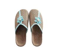 Gyios Summer Slippers Indoor Female Breathable Home Cool With Flower Non Slip Sub Grass Woven Lovers Linen Floor-sky Blue-35-36