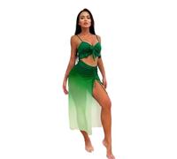 Gyios Women Bikini Set Gradient Blue 3 Piece Beach Outfit Tie Front Ruffle Crop Top Drawstring High Slit Midi Cover Up Skirt-green-s