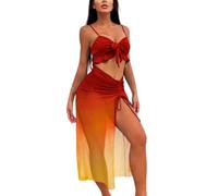 Gyios Women Bikini Set Gradient Blue 3 Piece Beach Outfit Tie Front Ruffle Crop Top Drawstring High Slit Midi Cover Up Skirt-red-xl