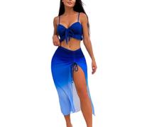 Gyios Women Bikini Set Gradient Blue 3 Piece Beach Outfit Tie Front Ruffle Crop Top Drawstring High Slit Midi Cover Up Skirt-blue-s