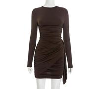 Gyios Women Dress Solid Round Neck Mini for Women, Slim High-Waisted Long Sleeve Wrap Party Evening Short Chic Fashionable-Brown-m