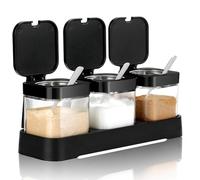 GYJZZW 9 oz Condiments Container Seasoning Jars, Kitchen Spicy Jars with Lids and Spoons, Tea Coffee Sugar Canisters Glass Spice Box, Set of 3 for Coffee Shop (Black)