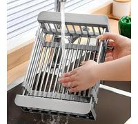 GYJZZW Adjustable Dish Drying Rack with Stainless Steel Drain Basket Over-The-Sink - Portable & Telescopic Space-Saving Solution for Fruit Vegetable (Grey)