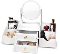 GYJZZW Wooden Makeup Organizer - Countertop Makeup Organizers with Mirror, Drawers - Cosmetic Organizer for Brushes, Skincare - Elegant Make Up Storage Holder for Bathroom, Dresser (White)