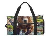 Gym Bag Bear Crossing The River Cartoon Printed Duffle Bag Yoga Bag Small Printed Gym Bag for Gym Travel Swimming