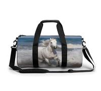 Gym Bag for Men Women Cool Eagle Duffel Bag Overnight Bag with Compartment Gym Sackpac, White horse running on the sea, 17.7in/9in/9in
