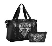 Gym Bag, Large Travel Swimming Sports Duffel Bags with Shoe Compartment Wet Pocket Women Men, Black Skull Moth Tote Gym Bag with Strap Handle Trolley Sleeve Makeup Bags