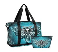 Gym Bag, Large Travel Swimming Sports Duffel Bags with Shoe Compartment Wet Pocket Women Men, Butterfly Skull Blue Tote Gym Bag with Strap Handle Trolley Sleeve Makeup Bags