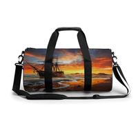 Gym Bag Men & Women Sport Gym Fitness Tote Cylindrical Cupcake Candy Hearts Sweet Printed Waterproof Shoulder, Pirate ship in the sunset, 17.7in/9in/9in, Printing