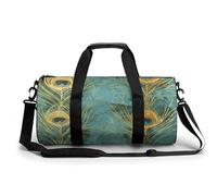 Gym Bag Men & Women Sport Gym Fitness Tote Cylindrical Hand Drawn Black Cat Printed Waterproof Shoulder, Golden Peacock Feather, 17.7in/9in/9in, Printing