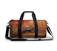 Gym Bag Men & Women Sport Gym Fitness Tote Cylindrical White Sheep on Background Printed Waterproof Shoulder, Autumn woods cabin, 17.7in/9in/9in, Printing