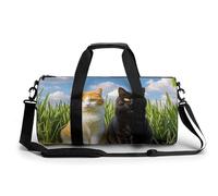 Gym Bag Travel Yellow Smiley Flower Duffel Bag with Compartment Workout Bag Overnight Bag for Women Men, Cat on the Grass, 17.7in/9in/9in