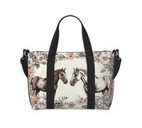 Gym Bags Small Scandinavian Animals Duffel Bag Overnight Bag with Shoe Compartment Carryon Bag for Men Women, Flowers And Horses Hand Drawn, One Size