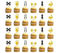 GYM Cupcake Topper, Fitness Theme Cupcake Topper, Black Gold Glitter Kettlebells, Barbells Dumbbells Workout Cupcake Topper for Fitness Theme Party
