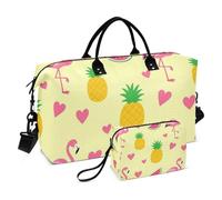 Gym Duffel Set Large Bag & Mini pouching Wave Quilted Zipper Compartments Sturdy Workout Flamingo Pineapple
