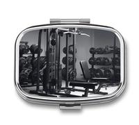 Gym Equipment Pill Box 2 Compartment, Portable Pill Case with Mirror for Pocket Purse Travel, Mini Metal Medicine Organizer for Vitamins Fish Oil