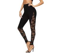 Gym Leggings Womens High Waist Sexy Lace Patchwork Yoga Pants Sports Leggings Running Workout Tights (Black, L)