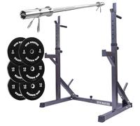 GYM MASTER Adjustable Squat and Bench Press Rack Bundle with 6ft Int'l Barbell and Bumper Plates (5 Items)