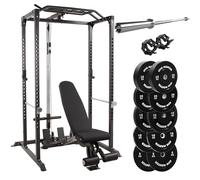 GYM MASTER GM1 Power Rack and cable system and GM3 Adjustable Bench bundle, with Olympic Barbell and 150kg Bumper Weight Plates (9 Items)