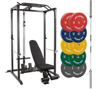 GYM MASTER GM1 Power Rack With Dual Pulley Cable System, Weight Bench, Olympic Barbell and 150kg Olympic Coloured Bumper Weight Plates Bundle (8 Items)