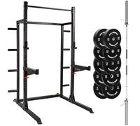 GYM MASTER GM2 Half Power Rack with Storage System and Spotter Bundle With 6ft Int'l. Barbell and Black Bumper Weight Plates (7 Items)
