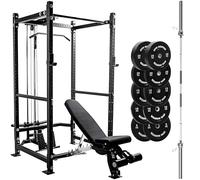 GYM MASTER GM3 Power Rack Cable System, FID Bench, 150kg Black Bumper Plates, Olympic Barbell - H:206cm, D:90cm + 6ft Int'l barbell