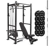 GYM MASTER GM3 Power Rack Cable System, FID Bench, 150kg Black Bumper Plates, Olympic Barbell - H:206cm, D:60cm + 6ft Int'l barbell