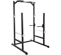 GYM MASTER Half Power Cage Squat Rack with Pull-Up and Dip Station | Olympic-compatible steel rack with adjustable J-cups, safety spotter arms and 200kg maximum barbell load for home gyms