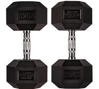 GYM MASTER Hex Dumbbells - Rubber Encased Cast Iron Hand Weights and Optional 3 Tier Rack - Pair of 25KG (50KG Total)