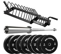 GYM MASTER Olympic Chrome Barbell With Black Bumper Plate Set and Weight Storage Rack Stand - 7ft barbell + 100kg plates