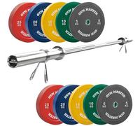 GYM MASTER Olympic Weight Bar and Coloured Bumper Weights Plates - 7ft barbell + 150kg plates