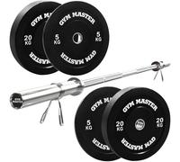 GYM MASTER Olympic Weight Lifting Bar & Black Bumper Weights Set - 6ft barbell + 50kg plates