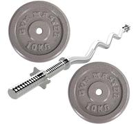 GYM MASTER Standard EZ Curl Bar & 20kg Cast Iron Weight Plates Bundle - 1" Barbell & Plates