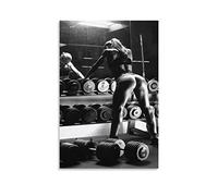 Gym Poster: Black & White Photo of Fitness Woman Standing in Front of Barbell - Decorative Canvas Wall Art - Modern Family Bedroom Decor - 12x18 inch