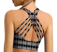 GYM RAINBOW Women's Strappy Longline Sports Bra Crisscross Back Medium Support Padded Workout Tank Yoga Crop Top, #1 Matts Houndstooth, S