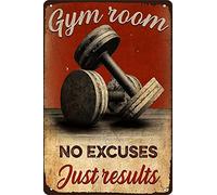 Gym Room No Excuses Just Results Aluminum Metal Signs Vintage Exercise Workout Motivation Retro Poster Wall Decor for Gym Fitness Home Living Room Garage Man Cave Plaque Decor Gifts Sign 12x16 Inches