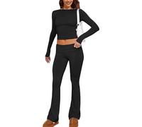 Gym Set for Women,Women's Tracksuit Two Piece Outfit Long Sleeve Fold-over Crop Top and Low Rise Flare Pants Set