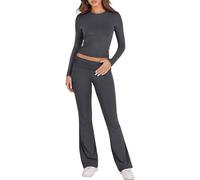 Gym Set for Women,Women's Tracksuit Two Piece Outfit Long Sleeve Fold-over Crop Top and Low Rise Flare Pants Set