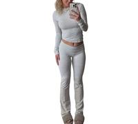 Gym Set for Women,Women's Tracksuit Two Piece Outfit Long Sleeve Fold-over Crop Top and Low Rise Flare Pants Set