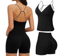 Gym Sets for Women 2 Piece Black Seamless Longline V Neck Strappy Strap Padded Tank Top Scrunch Butt High Waist Booty Shorts Yoga Outfits Fitness Workout Sets Activewear