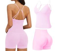 Gym Sets for Women 2 Piece Pink Seamless Longline V Neck Strappy Strap Padded Tank Top Scrunch Butt High Waist Booty Shorts Yoga Outfits Fitness Workout Sets Activewear