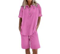 Gym Sets for Women 2 Piece Womens Cotton Linen Co Ord Sets Summer 2 Piece Airport Outfits Plus Size Short Sleeve Button Up Henley Tops and Wide Leg Bermuda Shorts Travel Leisure Loungewear Tracksuits