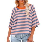 Gym Tops for Women UK Womens Summer Tops Striped Color Block Half Sleeve Crewneck Shirt Y2k Loose Tops Soft Oversized Cotton Tshirts for Women Teen Girl Ladies Graphic Tee T Shirts Pink