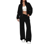 Gym Tracksuit Womens Full Set, Zip Up Sweatshirt Jacket Round Neck Long Sleeve Coat Drawstring Elasticated Waist Pants Wide Leg Trousers Light Leisure Gym Workout Sweatsuit Streetwear