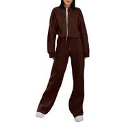 Gym Tracksuit Womens Full Set, Zip Up Sweatshirt Jacket Round Neck Long Sleeve Coat Drawstring Elasticated Waist Pants Wide Leg Trousers Light Leisure Gym Workout Sweatsuit Streetwear Coffee